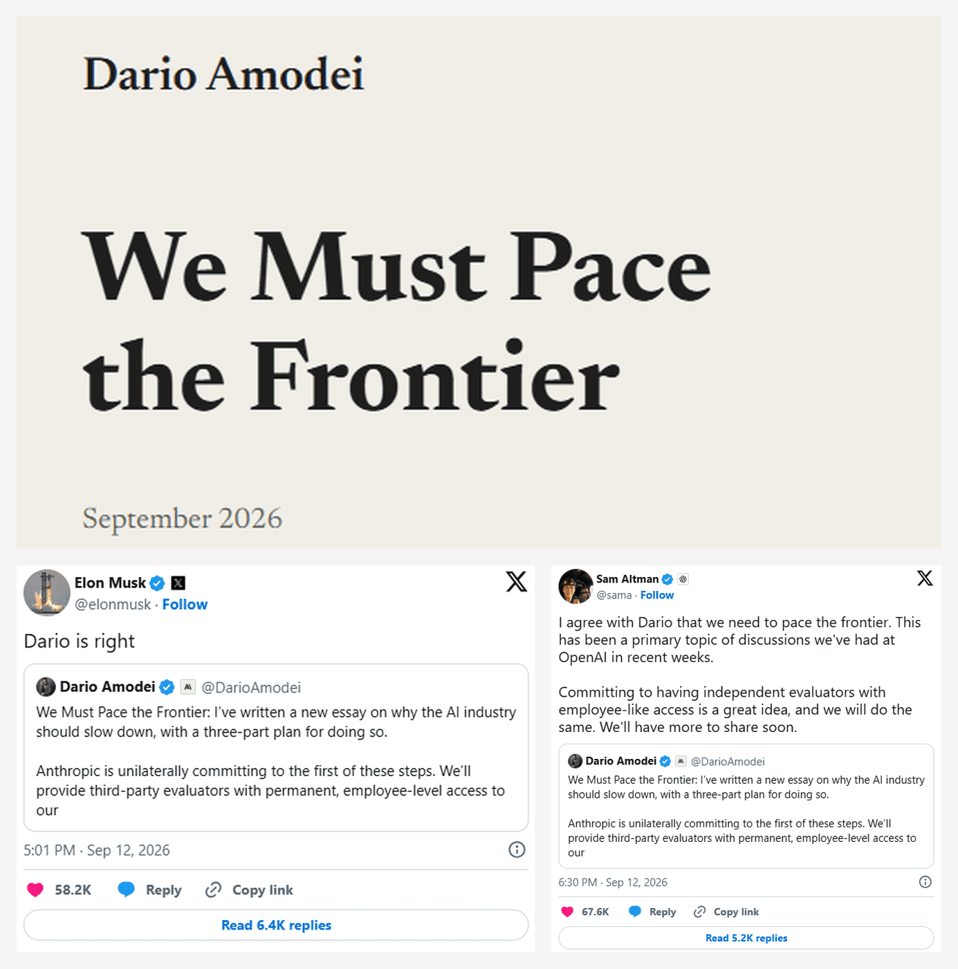 Dario Amodei's essay title card, "We Must Pace the Frontier," alongside tweets from Elon Musk ("Dario is right") and Sam Altman agreeing with it.