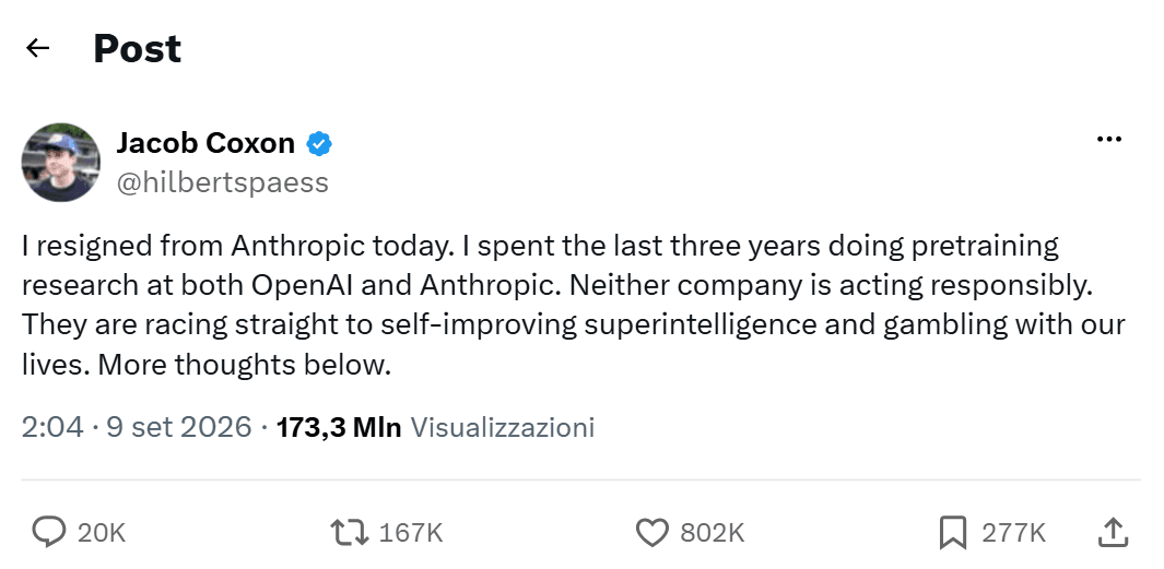 A post on X from Jacob Coxon (@hilbertspaess): "I resigned from Anthropic today. I spent the last three years doing pretraining research at both OpenAI and Anthropic. Neither company is acting responsibly. They are racing straight to self-improving superintelligence and gambling with our lives. More thoughts below."